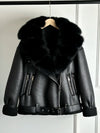 Women's Faux Leather Shearling Coat with Large Fox Fur Collar - Warm PU Moto Biker Jacket