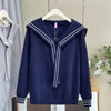Plus Size V-Neck Sailor Collar Knitted Sweater for Women — Ribbon Trim Casual Jumper Up to 4XL