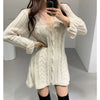 Knit V-Neck Twist Sweater Dress Long Sleeve A-Line Knee-Length Slim Fit (One Size) — Korean Casual Party