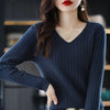 Women's V-Neck Knit Pullover Sweater — Long Sleeve Loose Fit Office Style