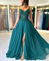 Green Satin Evening Gown with Applique Halter V-Neck Backless Formal Ball Dress