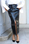 Plus Size Faux Leather Studded High-Waist Split Skirt — Slim Streetwear Casual