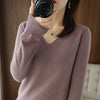 Women's V-Neck Knit Sweater, Cashmere Blend Pullover for Autumn Winter, Loose Fit Solid Jumper