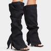 Women's Knee-High Denim Stiletto Boots - Square Toe Fold-Over Strap Slip-On