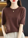 Women's Short-Sleeve Knit O-Neck Pullover - Wool-Cotton Blend Lightweight Summer Top