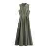 MUJER Zipper Pleated Sleeveless Midi Dress - Elegant A-Line Party Dress for Women