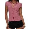 Women's Plaid Short Sleeve Button-Down Shirt Lapel Collar Casual Blouse