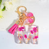 Pink Dried Flower Resin Initial Keychain with Butterfly Tassel A-Z Letter Keyring for Women Valentine's Gift