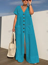 Women's V-Neck Single-Breasted Wide-Leg Jumpsuit with Pockets, Loose Oversized Office Casual