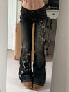 Floral Embroidered Low-Rise Flared Jeans for Women – Vintage Y2K Baggy Denim