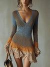 Women's Vintage Knitted V-Neck Dress - Color Block Lace Ruffle Hem, Flare Long Sleeve A-Line Casual Dress
