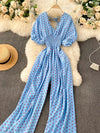 Women's Summer Polka Dot V-Neck Jumpsuit Korean Retro Puff Sleeve Belted Wide-Leg