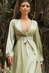 Green Satin V-Neck Floor-Length Evening Gown with High Split and Full Sleeves, Bridal Ball Pageant Dress