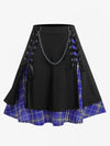 Plus Size Gothic Plaid Pleated Skirt High-Waist Lace-Up Chain Detail Layered Knee-Length Up to 5XL