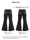 REDDA CHiC Black Low-Waist Cargo Jeans - Distressed Stretch Bootcut Multi-Pocket Pants for Women