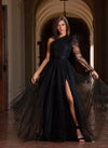 Plus Size One-Shoulder Mesh A-Line Maxi Dress with Split Hem — Floor-Length Wedding Guest & Cocktail Dress