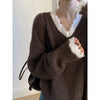 Aoaiiys Women's V-Neck Lace Spliced Knit Sweater - Vintage Chic Loose Pullover for Autumn/Winter