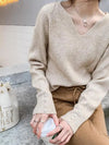 Women's V-Neck Button Knit Pullover - Loose Cashmere-Cotton Sweater for Autumn/Winter
