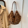 Leopard Faux Fur Shoulder Bag for Women - Large Plush Casual Tote Handbag