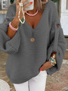 Women's Casual Knitted V-Neck Sweater – Button Detail Lantern Sleeve Loose Pullover for Fall/Winter