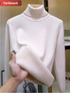 Velvet Lined Turtleneck Sweater Slim Knit Pullover for Women Warm Winter Korean Style