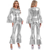 Women's 70s Disco Metallic Jumpsuit – Retro Hippie Bell-Bottom with Tiered Flare Sleeves, Back-Zip Party Costume