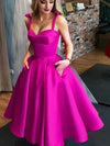 Hot Pink Satin Evening Dress – Elegant Sleeveless V-Neck A-Line Tea-Length Prom & Bridal Gown