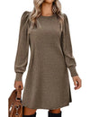 Women's Knit Puff Sleeve A-Line Dress with Pockets, Long Sleeve O-Neck Knee-Length Casual