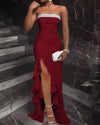 White Strapless Ruffle Maxi Dress with High Side Slit – Asymmetrical Bodycon Evening & Party Gown