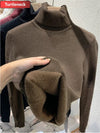 Velvet Lined Turtleneck Sweater Slim Knit Pullover for Women Warm Winter Korean Style