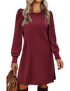 Women's Knit Puff Sleeve A-Line Dress with Pockets, Long Sleeve O-Neck Knee-Length Casual