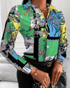 Women's Long Sleeve Turn-Down Collar Blouse - Square Print (Chain, Floral, Letter, Geometric)