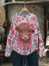 Plus Size Knit Sweater 1XL–4XL — Highland Cow & Pink Flower Embroidery Cozy Autumn/Winter Pullover