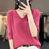 Women's V-Neck Short Sleeve Knit Top - Slim Casual Korean Pullover for Spring/Summer (Poly Cotton)