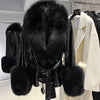YOLOAgain Women's Genuine Sheepskin Leather Jacket with Real Fox Fur Detachable Collar & Sleeves - Belted Pockets, Autumn/Winter