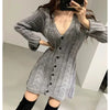 Knit V-Neck Twist Sweater Dress Long Sleeve A-Line Knee-Length Slim Fit (One Size) — Korean Casual Party