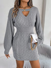Women's Knit O-Neck Lantern Sleeve Hollow-Out Sweater Dress Autumn Winter Casual Above-Knee