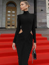 Mozision Turtleneck Long-Sleeve Ruched Hollow-Out Maxi Dress - Elegant A-Line Floor-Length for Women (Autumn/Winter)