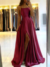 Burgundy Satin Cowl Neck Maxi Dress – Adjustable Spaghetti Straps, Side Slit Evening & Bridesmaid Gown