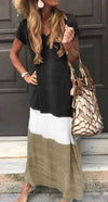 Women's Casual Color-Block V-Neck Ankle-Length Maxi Dress — Loose Short Sleeve A-Line Summer Dress