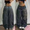 Women's Blue Washed Baggy Wide-Leg Jeans Mid-Rise Harajuku Hip Hop Casual