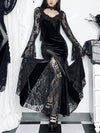 AltGoth Gothic Lace Midi Dress – Vintage Aesthetic Sheer Patchwork A-Line High-Waist Flare Sleeve Clubwear