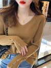 Long Sleeve V-Neck Button Knit Pullover Sweater for Women — Autumn/Winter Loose Fit Solid Jersey Top