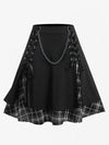 Plus Size Gothic Plaid Pleated Skirt High-Waist Lace-Up Chain Detail Layered Knee-Length Up to 5XL