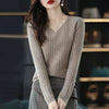 Women's V-Neck Long Sleeve Knitted Pullover — Lightweight Striped Office Sweater for Autumn/Winter