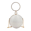 Gold Silk Round Evening Clutch with Rhinestones and Chain Shoulder Strap – Women's Party Handbag