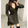 Knit V-Neck Twist Sweater Dress Long Sleeve A-Line Knee-Length Slim Fit (One Size) — Korean Casual Party