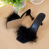 Women's Black Feather-Trim High Heel Sandals - Casual Strappy High Heels