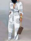 Women's Letter Print Long Sleeve Jumpsuit - Button-Front High-Waist One-Piece Overalls for Office & Streetwear