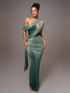 One-Shoulder Draped Glitter Corset Backless Bodycon Maxi Dress – Brown Evening Party Gown